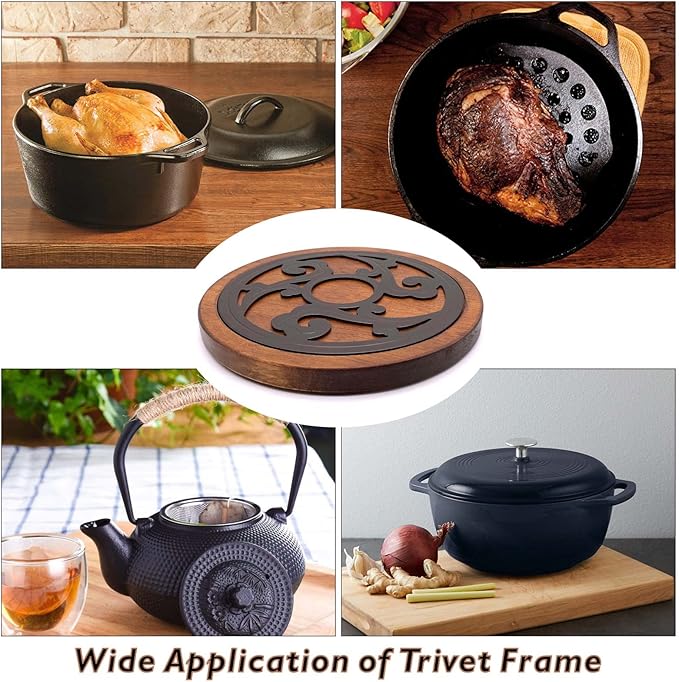 Cast Iron with Wood Trivets Set of 2, Wooden Trivets for Hot Dishes, 8-inch Round Kitchen Hot Pads for Table and Kitchen Counter- Heat Resistant, Rustproof, Non-Slip Durable, Hand Crafted (Black)