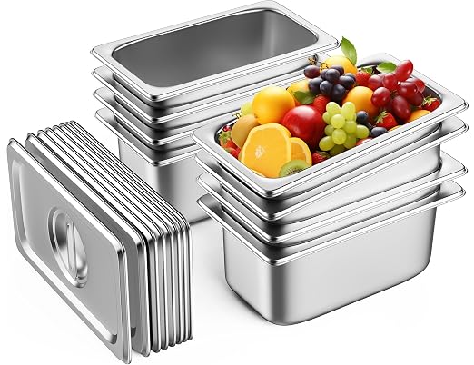 ZeroPone 8 Pack Hotel Pans with Lids, 1/4 Size 6" Deep Stainless Steel Steam Table Pan 22 Gauge Anti Jam Commercial Catering Food Pans for Hotel, Home, Party, Restaurant, Buffet