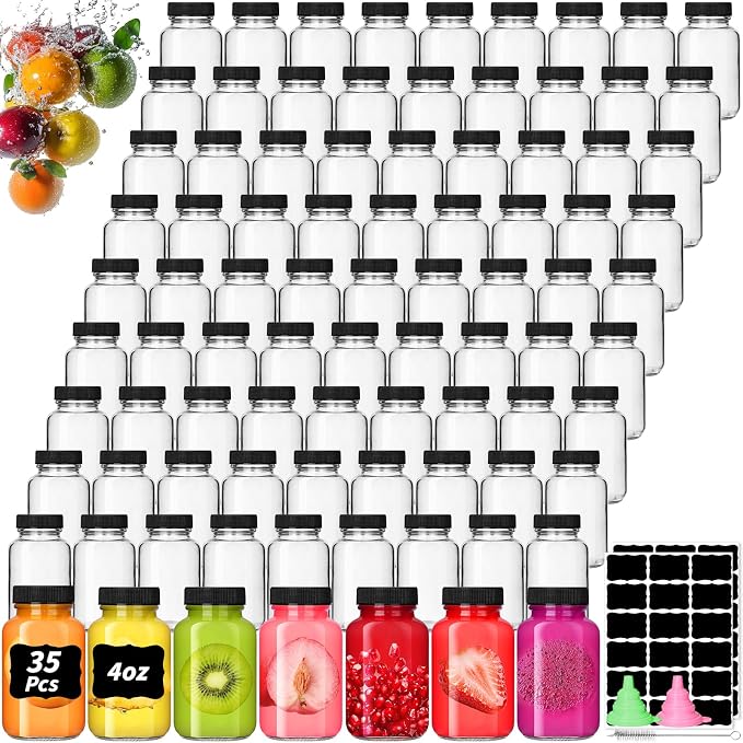 35 Pack 4 oz Glass Shot Bottles with Lids Small Clear Glass Jar for Ginger Wellness Shot Mini Juice Bottle Reusable Wide Mouth Travel Cup & 36 Labels,2 funnels,1 brush for Juice Milk Potion Liquids