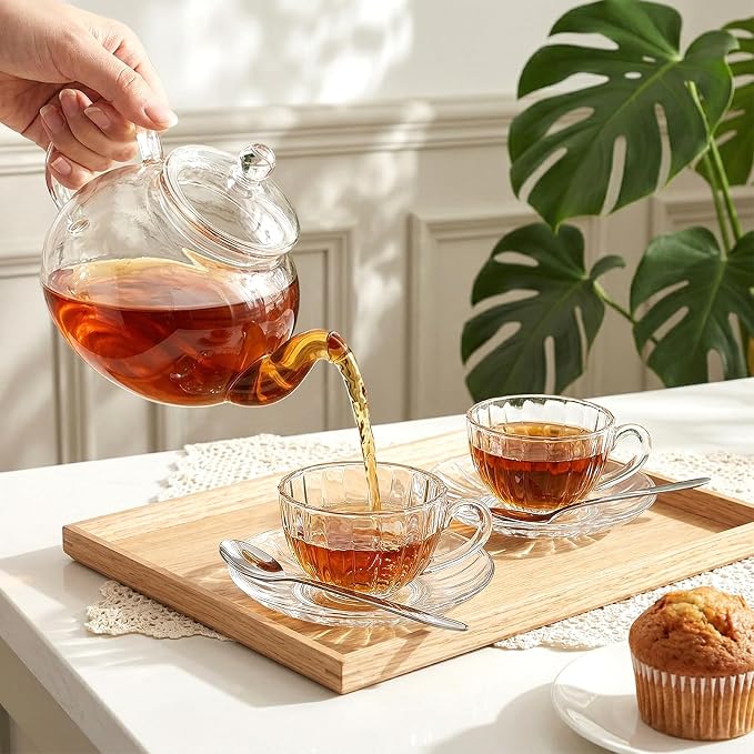 Noamus 6 Pack Glass Teacup and Saucer&Spoons Set, 5Oz/150ml Clear Coffee Mugs with Handles, Dishwasher Microwave Safe Glassware for Espresso Latte Juice Cappuccino Cereal Yogurt Milk Hot/Clod Beverage