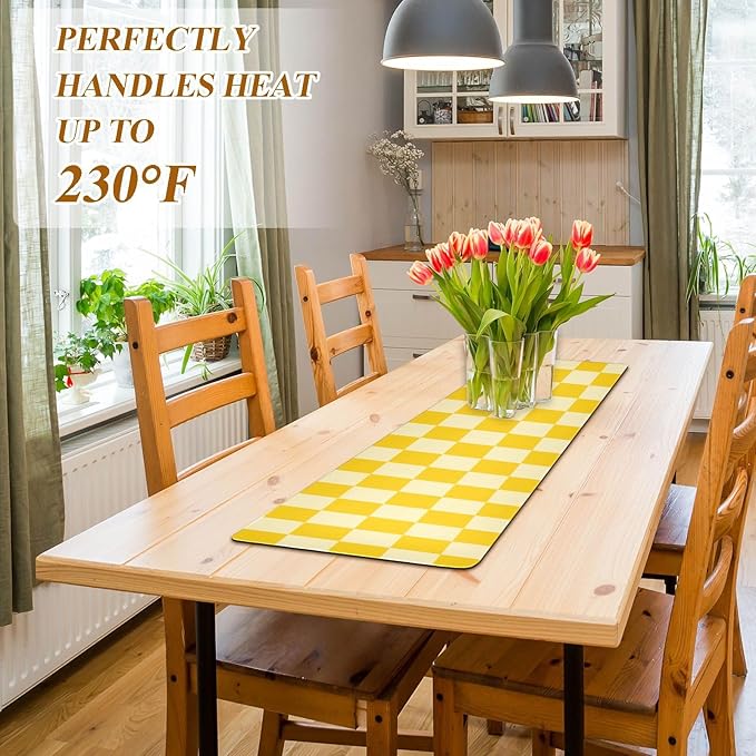 2-in-1 Table Runner Trivet for Hot Dishes Heat Resistant Hot Plate Mat Pad 39x12 Inch Waterproof Table Protector Trivets for Countertop Decorative Checkered Yellow
