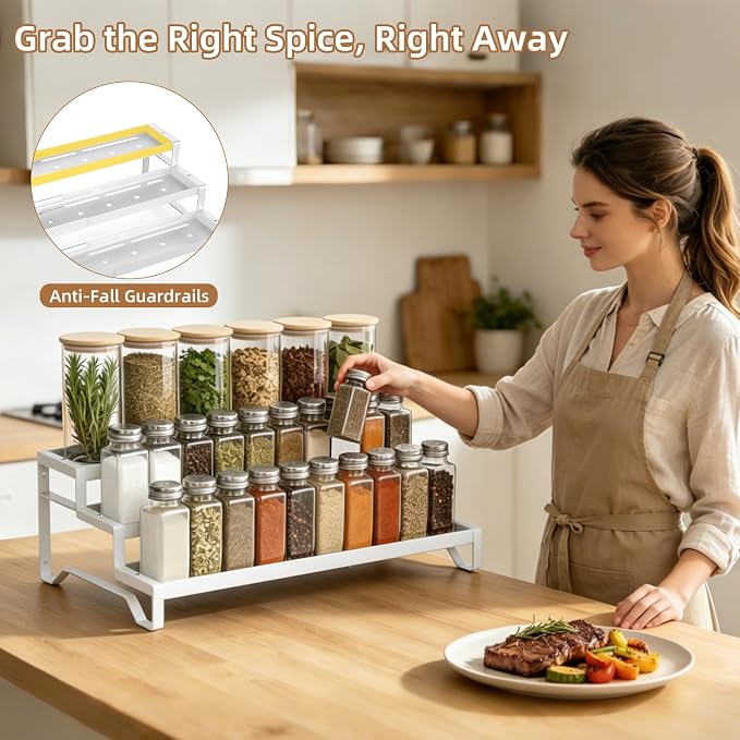 SANKEU Expandable Spice Rack Organizer for Cabinet 3 Tiered Metal Seasoning Organization with Guardrails Spice Shelf Storage for Jars Adjustable Length 13"-21" White 1Pack