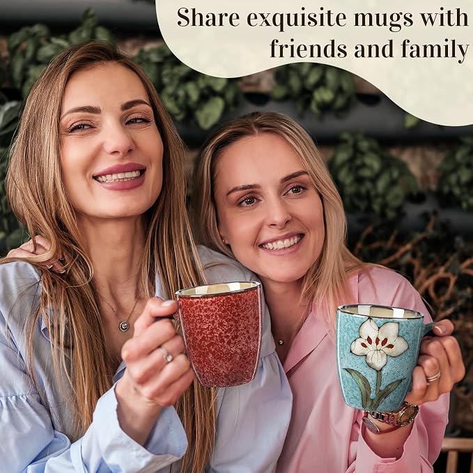 Maxdot 4 Pcs 12oz Ceramic Coffee Mugs Sets Glazing Process Cappuccino Mug Floral Ceramic Tea Cups Idea Gift Set for Women Porcelain Cup for Coffee, Cocoa, Tea, Latte (Retro) (Classic)