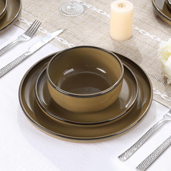 E-far Stoneware Dinnerware Sets for 4, 12 Pieces Reactive Glaze Plates and Bowls Sets, Elegant Dishes with Rustic Terracotta Base, Dishwasher & Microwave Safe, Scratch Resistant, Deep Camel