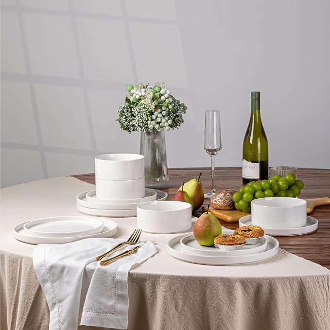 LERATIO Ceramic Dinnerware Sets,Handcraft Embossed Stoneware Plates and Bowls Sets,Highly Chip and Crack Resistant | Dishwasher & Microwave & Oven Safe Dishes set,Service for 4 (12pc)-White