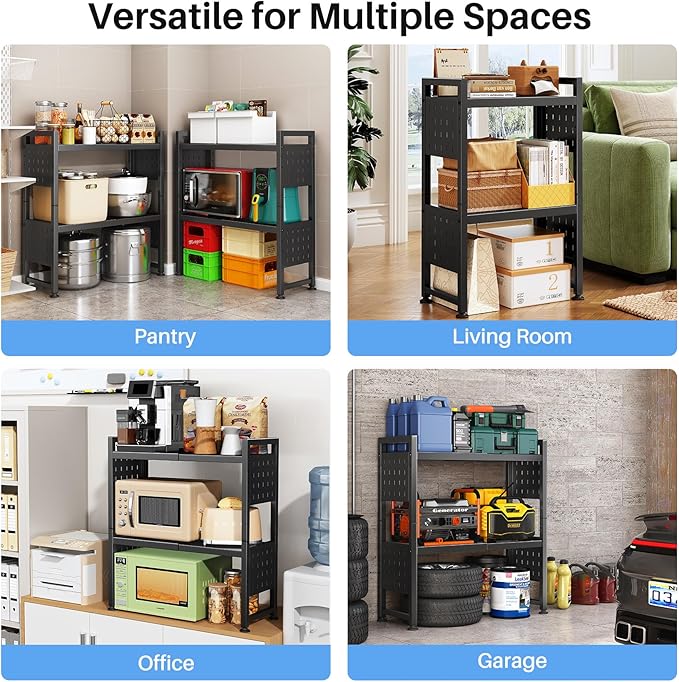 Expandable Microwave Stand, Heavy Duty 3-Tier Adjustable Microwave Oven Rack Shelf with 8 Hooks & 2 Holders, Space-saving Kitchen Counter Shelf for kitchen organizers and storage, 200lbs Capacity