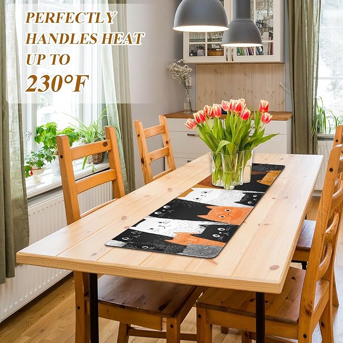 2 in 1 Table Runner Trivet for Hot Pots and Pans Heat Resistant Non Slip Waterproof 39 x 12 Inch Decorative Table Protector for Kitchen Countertop Black and White Orange Cat