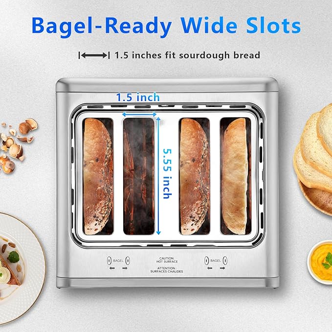 SAKAMOSH 4 Slice Touch Screen Toaster with Dual Control Panel, Wide Slots Smart Digital Toaster with 6 Browning Levels & Bread Type, Single Slice Toasting/Reheat/Defrost/Cancel, 1800W, Stainless Steel