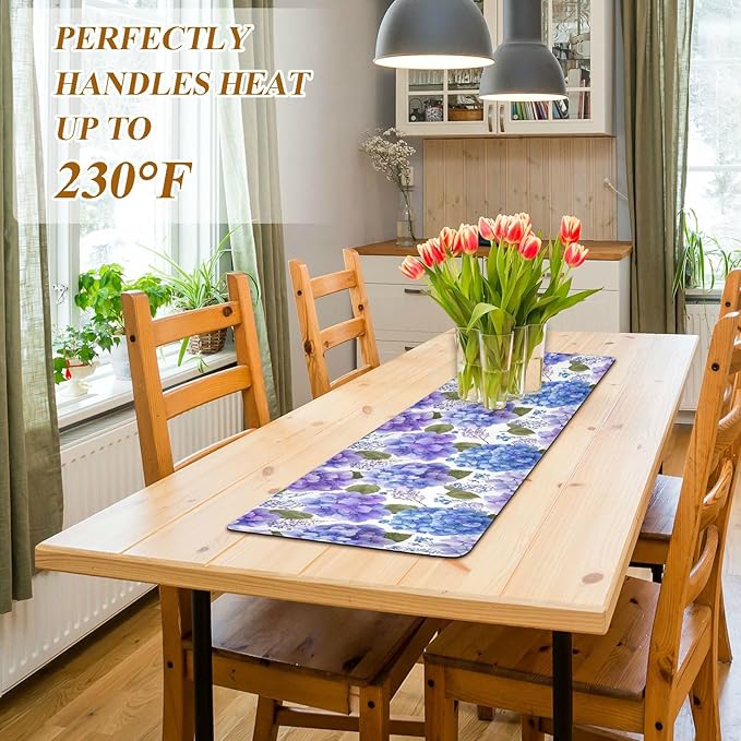 Purple Hydrangea Herb Trivet Table Runner Heat Resistant 230F for Hot Dishes Pots Plates Kitchen Dining Table Protector Decorative 39.37 X 11.8 Inch
