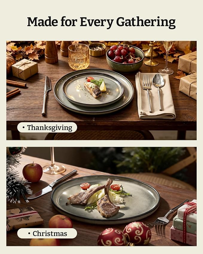 Famiware Milkyway Stoneware Dinnerware Set, 24-Piece, Double Reactive Glaze, Plates and Bowls, Service for 8, Microwave and Dishwasher Safe, Scratch-Resistant, Greenish Brown