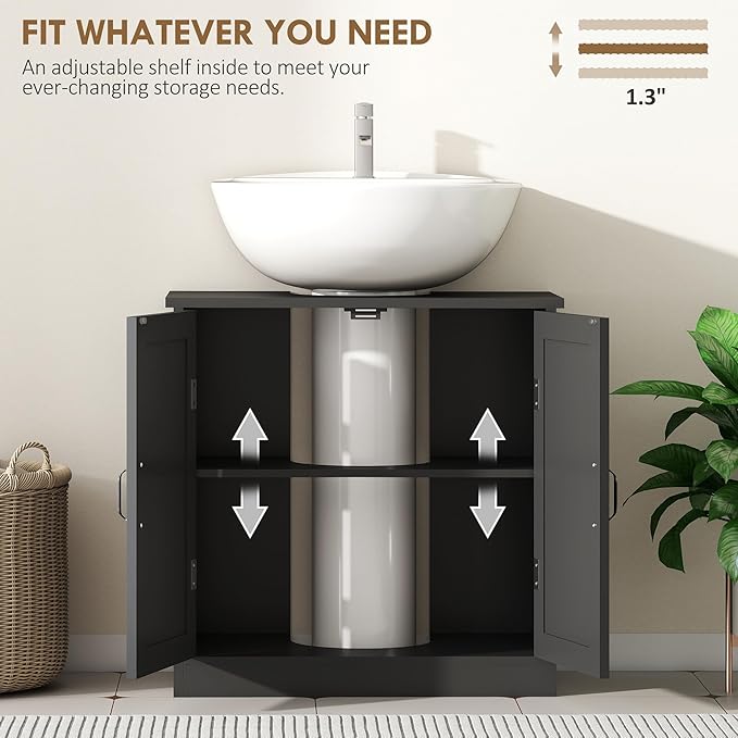 kleankin Pedestal Sink Storage Cabinet, Under Sink Cabinet with 2 Doors and Adjustable Shelf, Bathroom Vanity with U-Shape Cut-Out, Black
