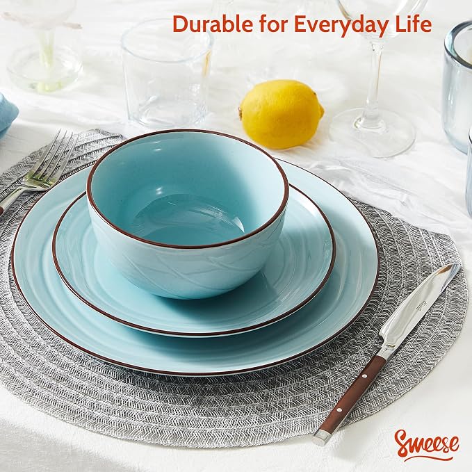 Sweese Porcelain Dinnerware Sets for 6, 18 Pieces Plates and Bowls Sets, Handcrafted Minimalist Dinner Set, Chip and Scratch Resistant Dish Set, Dishwasher & Microwave Safe, Gradient Blue