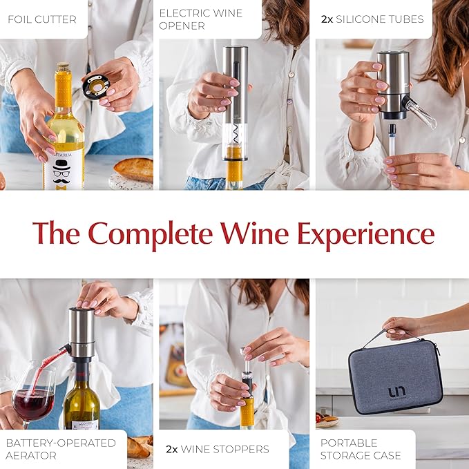 Rechargeable Electric Wine Opener Set with Aerator, Foil Cutter & Vacuum Stoppers – Automatic Wine Bottle Opener Kit with Portable Case – 7 Piece Wine Gift Set (Silver)
