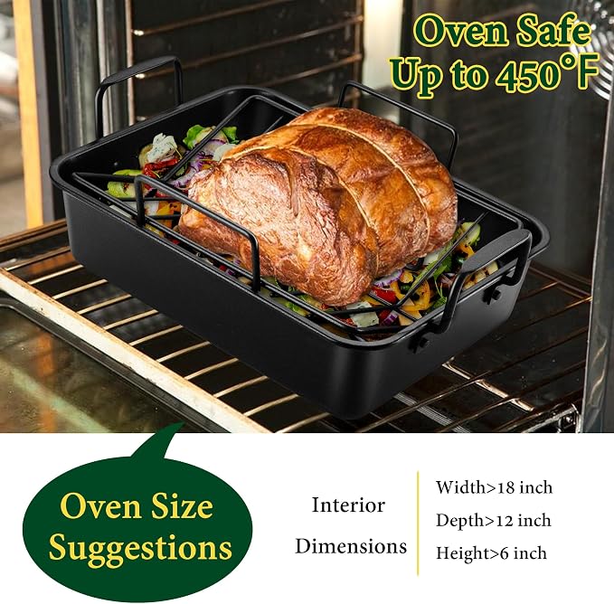 E-far Roasting Pan with Racks, Small Stainless Steel Turkey Roaster with V-Shaped & Cooling Rack for Oven, 14 Inch Nonstick Deep Broiler Pan with Handles for Baking Chicken Lasagna Meat, Heavy Duty