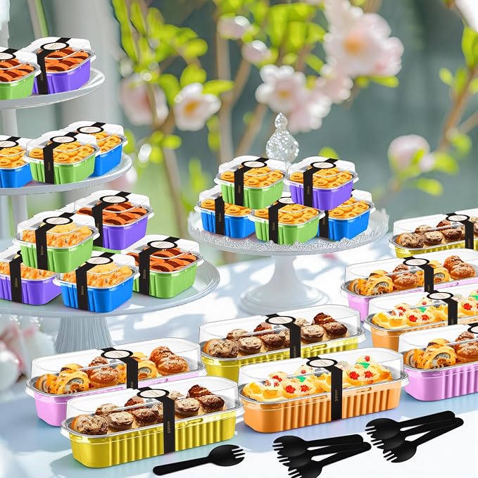 LemonRoad 120 Pcs Mini Loaf Pan with Lids and Spoons 6.8oz Rectangular Aluminum Foil Bread Pan 5oz Square Cake Cup with Decal Disposable Baking Supply for Graduate Wedding Birthday (Candy Colors)