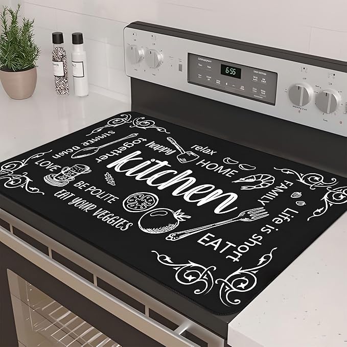 Decorative Stove Top Covers for Electric Stove 28"x20" – Heat Resistant Glass Cooktop Protector Dish Drying Mat – Non-Slip Rubber Backing Washer Top Cover Waterproof Extra Counter Space (Kitchen 3)