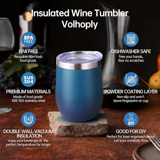 Volhoply 12oz Stainless Steel Wine Tumbler with Lid Bulk 12 Pack,Double Wall Vacuum Stemless Wine Glasses,Reusable Metal Travel Coffe Mug with Straw,Insulated Cup Gift for Christmas（Dark Night,12 Set）