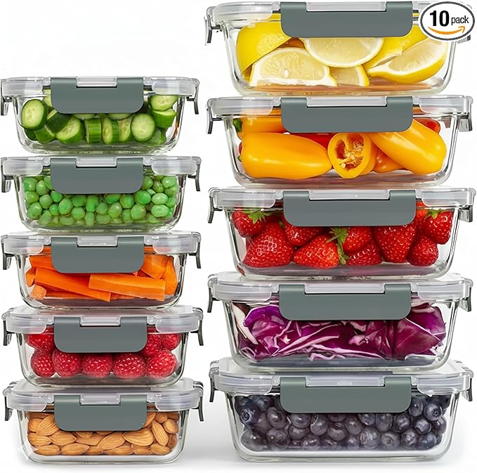 TYKOON 10 Pack Glass Meal Prep Containers with Snap Locking Lids, Airtight Leakproof Bento Boxes for Lunch Freezer Microwave and Dishwasher Safe, Includes 5x36oz and 5x12oz