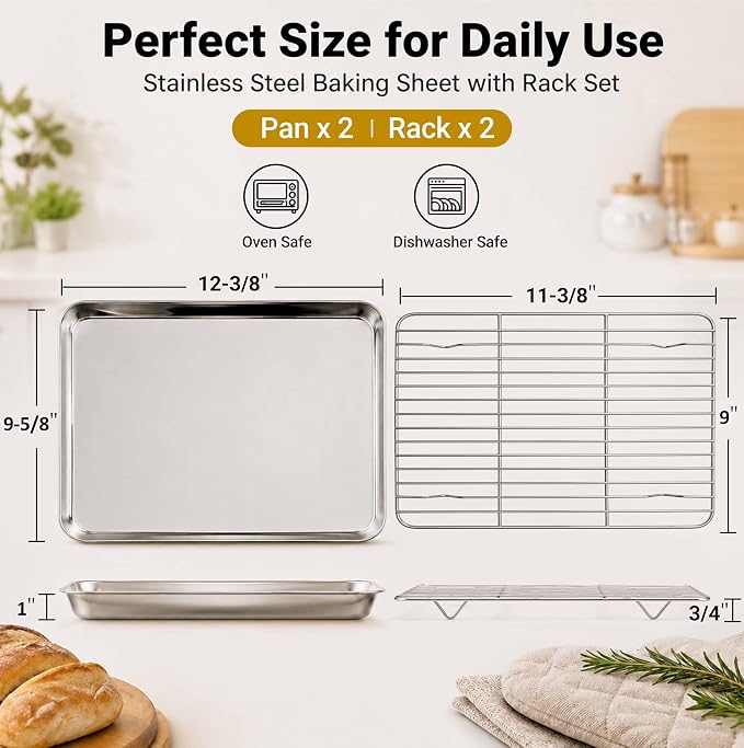 Onader Baking Sheet with Wire Rack 9x13IN Stainless Steel Quarter Sheet Pan | Cookie Sheet and Cooling Rack Set of 2, Metal Toaster Oven Pan Tray, 2 Pans + 2 Racks