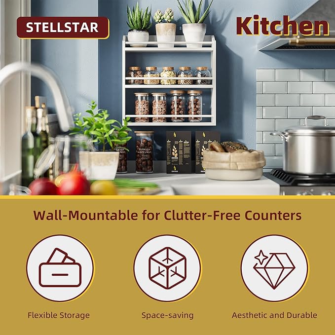 STELLSTAR Spice Rack Wall Mounted, Freestanding Spice Organizer for Countertop, Bamboo Spice Storage Holder, for Kitchen Cupboard, Pantry, Bathroom (White)