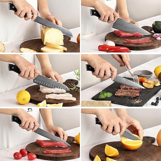 NANFANG BROTHERS Knife Set, 9 Pieces Damascus Kitchen Knife Set with Block, ABS Ergonomic Handle for Chef Knife Set, Knife Sharpener and Kitchen Shears, Knife Block Set