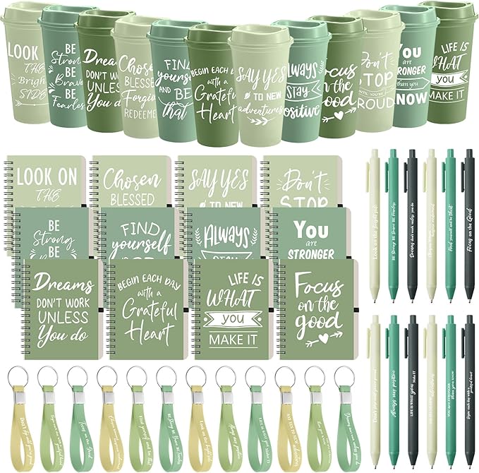 Skylety 12 Sets/48 Pcs Employee Appreciation Gift Baskets Bulk 16oz Inspirational Coffee Cup with Spiral Notebook, Pen & Keychain, Thank You Gifts for Staff, Teacher,Coworker, Team (Gradient Green)