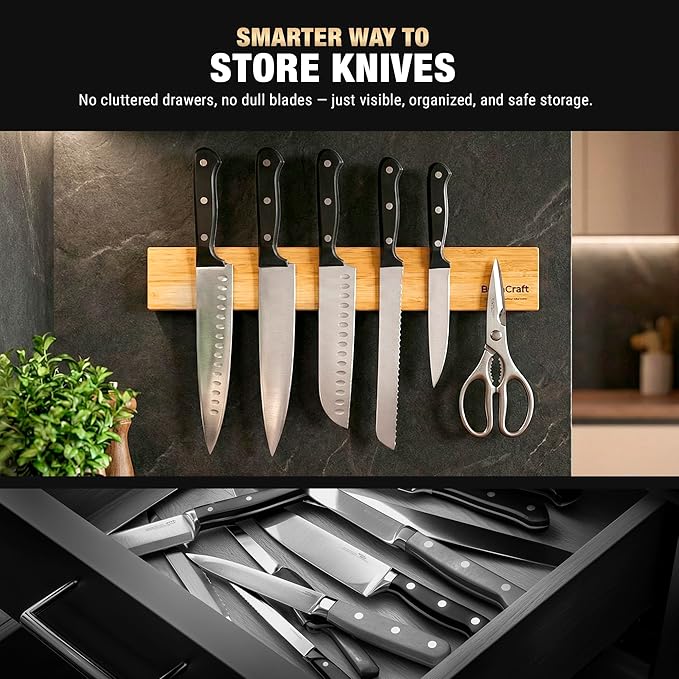 Magnetic Knife Strip, 16 Inch Bamboo Magnetic Knife Holder for Wall, Solid Wood Kitchen Knife Storage Rack, Strong Magnetic Knife Bar, Kitchen Utensil Holder with Powerful Magnet