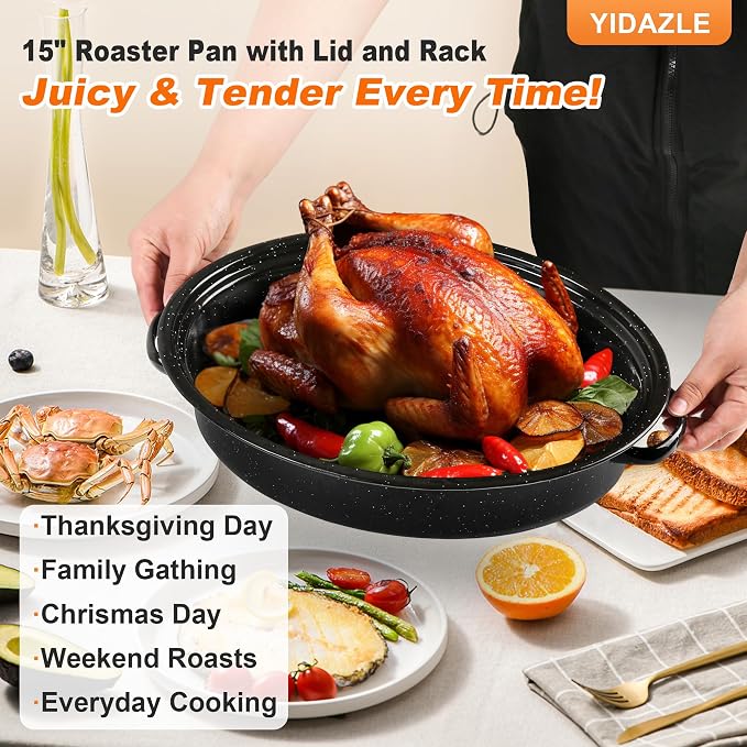 15” Roaster Pan with Lid and Rack, Small Enamel Roaster Pan with Oval Roasting Rack, Granite Baking Pot for Chicken Turkey Lamb, Heat Resistant, Oven/Dishwasher/All Stovestops Compatible