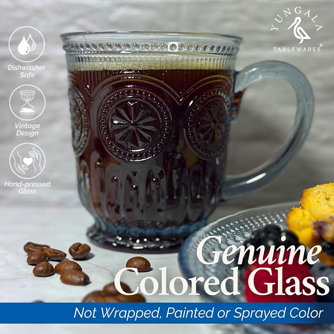 Blue Glass Mugs Set of 4, 10oz Coffee Cups or Vintage Tea Cups, Aesthetic Blue Mug Set, Unique Tea Cup Glass with Sunflower Design, Dishwasher Safe, Lead-Free