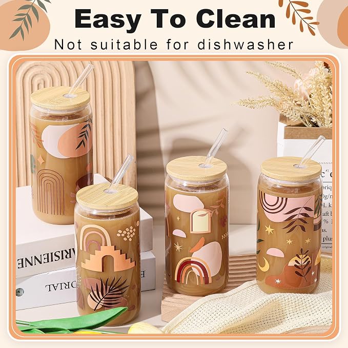 Mumufy 4 Pack Wildflower Glass Cups Gift Aesthetic Cute Glass Cup Tumbler Flower Iced Coffee Mugs 16 oz with Bamboo Lid & Straw, for Wedding Birthday Bridesmaid Mom Baby Shower