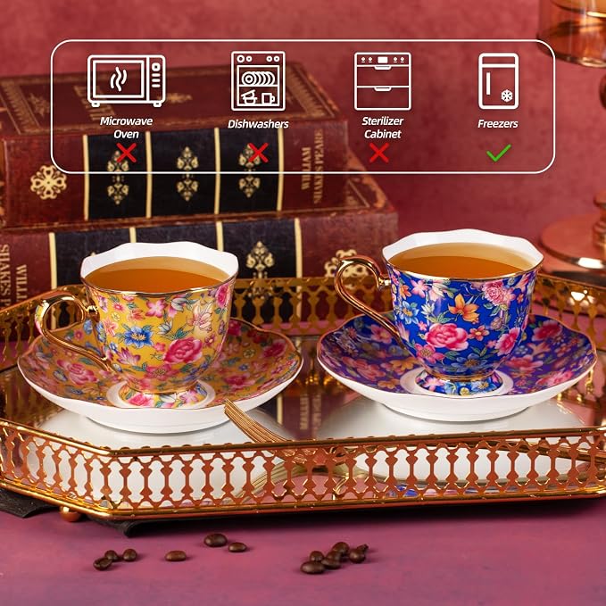 KAMMAK Tea Cups and Saucers Set of 2, Porcelain Coffee Cups, 6.3oz Stackable Espresso Mugs, Ceramic Demitasse for Coffee, Latte, Americano, Tea (643N+644N)
