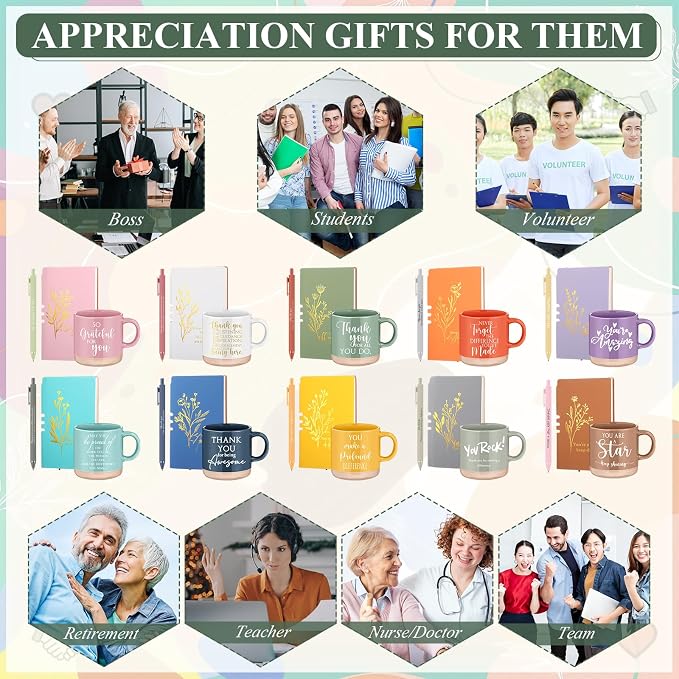 Didaey 10 Sets Employee Appreciation Gifts Set 13oz Inspirational Pastel Ceramic Coffee Mugs A6 Leather Notebooks Ballpoint Pens Bulk Thank You Gifts for Coworker Employees Staff Team Members