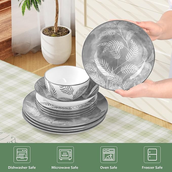 Porcelain Lightweight Dinnerware Sets for 4, 16 Pieces Grey Floral Ceramic Plates and Bowls Set, Branch Dishes Set with Pasta Bowls, Microwave and Dishwasher Safe