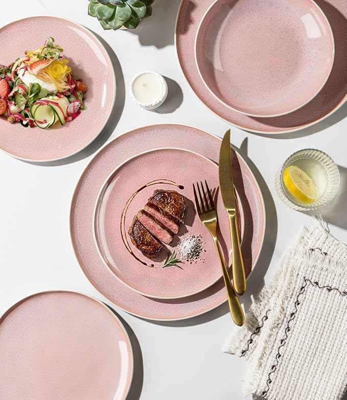 GBHOME Stoneware Dinnerware Sets for 6, 18 Pieces Rustic Ceramic Plates and Bowls Set, Handmade Reactive Glaze Plate Sets, Highly Chip Resistant Dishes, Microwave & Dishwasher Safe, Pink