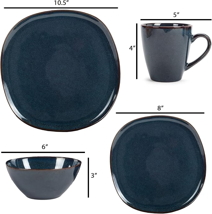 Elanze Designs 16-Piece Modern Luxury Chic Smooth Vintage Handmade Shape High Gloss Ceramic Stoneware Square Plate Mug & Bowl Kitchen Dinnerware 16 Piece Set - Service for 4, Navy Blue