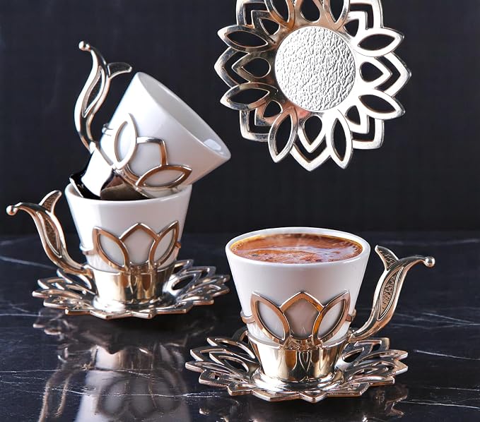 Alisveristime (Set of 6) Turkish Coffee Set with Porcelain Cups, Zamac Holders & Saucers – 80ml Capacity, Ottoman Motif, 4 Color Options (Silver)