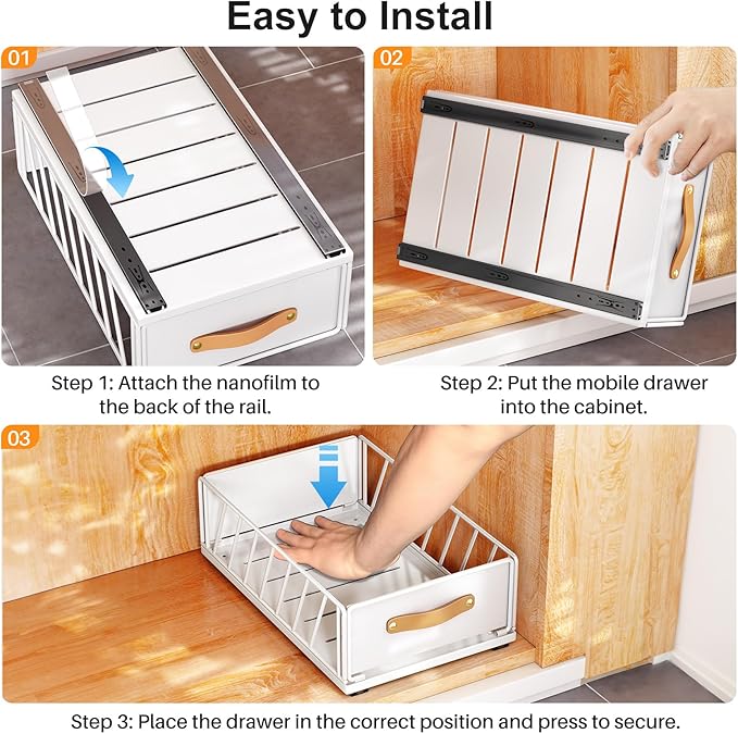 Pull out Cabinet Organizer,Heavy Duty Slide out Pantry Shelves Drawer Storage with Adhesive Nano Film,Sliding Mesh Cabinet Basket with Handle for Kitchen, Bathroom, Home, 9.8"W X 15.7"D X 6.2"H,White