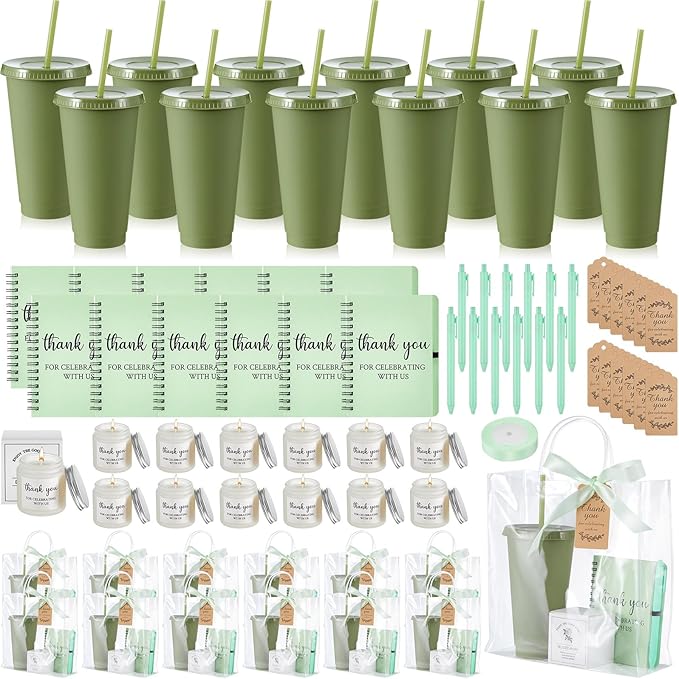 Nuogo 12 Sets New Parent Shower Prizes for Player Winners Adult, Wedding Bridal Shower Gift, Plastic Tumbler Notebook Scented Candle Ballpoint Pen Bag (Green Color,Classic Style)