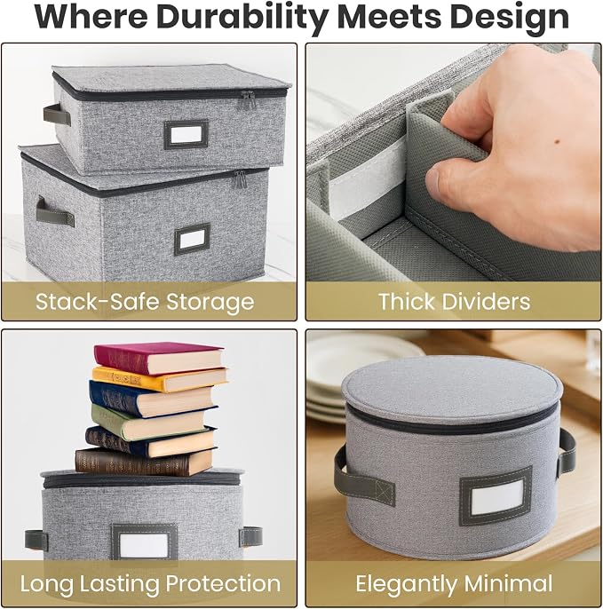 HOMELUX THEORY Coffee Mug Storage with Dividers, Light Gray Hard Shell China Storage Containers, Kitchen Storage Bins With Lids, Heavy Duty Moving Box for Packing Glassware, Stemware & Glassware