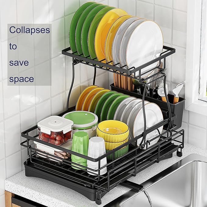 Over The Sink Large 2 Tier Dish Drying Rack Expandable,Dish Drainers for Kitchen Counter,Rustproof Utensils