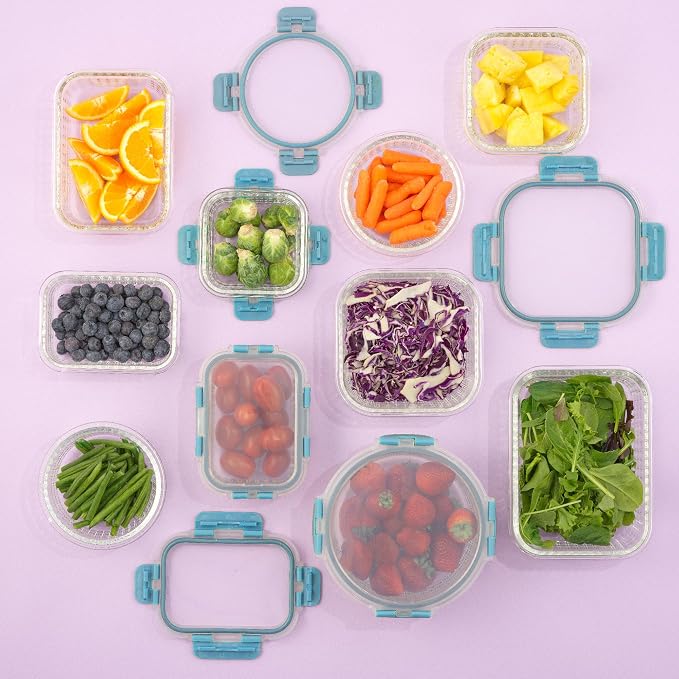 JoyJolt 24pc Borosilicate Glass Storage Containers with Lids | 12 Airtight/Freezer Safe Food Storage Containers for Pantry and Kitchen | Meal Prep Container for Lunch | Glass Tupperware Set