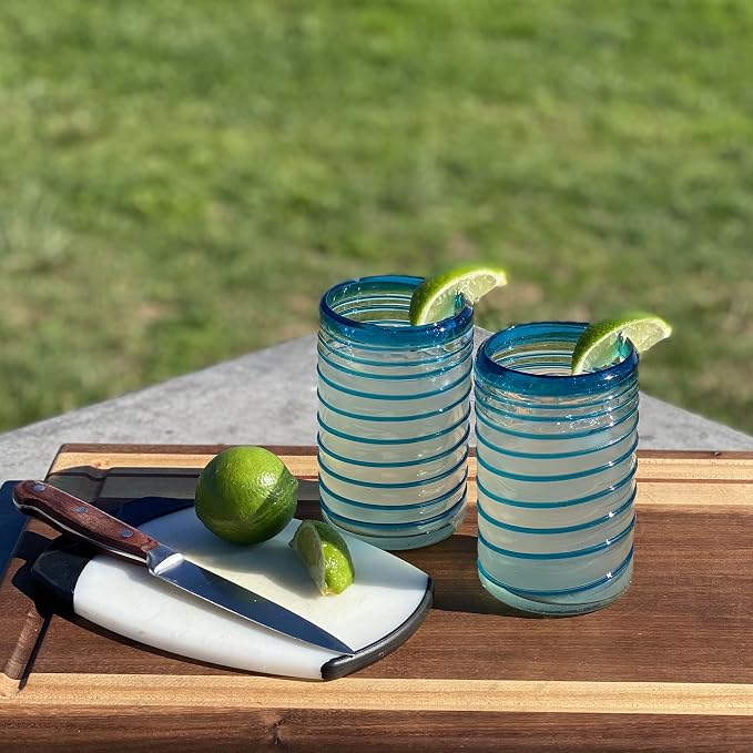 Dos Sueños Hand Blown Mexican Drinking Glasses – Set of 6 Glasses with an Aqua Spiral Design (14 oz each) …