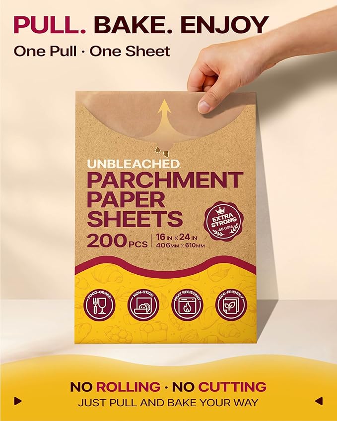 Katbite Parchment Paper Sheets Heavy Duty, 16x24 Inches 200 PCS Precut Baking Parchment, Unbleached, Non-stick, Non-toxic, Extra Strong, Flat Baking Paper for Oven, Cooking, Grilling, Air Fryer