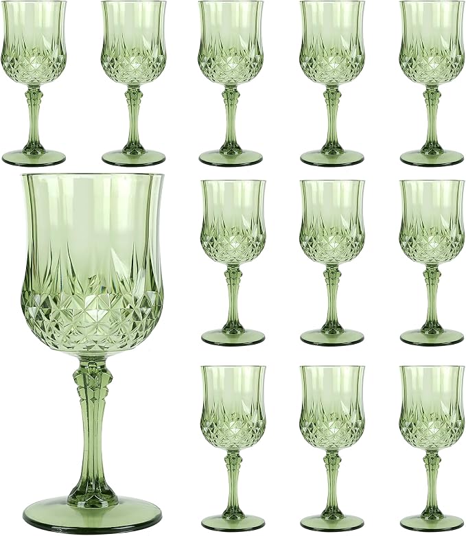 Plastic Wine Glasses, Plastic Goblets Vintage Style Cordial Unbreakable Drinking Glasses, Reusable Drinkware for Wedding Reception, Grand Event Party Supplies (12, New Green)
