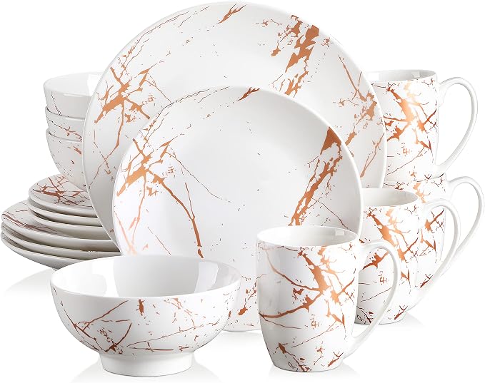 LOVECASA White Dinnerware Sets for 4, 16 Piece Porcelain Dish Set Plates and Bowls Sets, Gold Splash Glaze Ceramic Dinner Set with Mugs, Dishwasher Microwave Safe