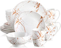 LOVECASA White Dinnerware Sets for 4, 16 Piece Porcelain Dish Set Plates and Bowls Sets, Gold Splash Glaze Ceramic Dinner Set with Mugs, Dishwasher Microwave Safe