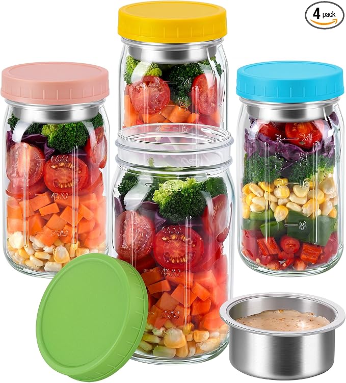 KTKUDY 4 Pack 32 oz Glass Salad Jars with Dressing Cups (Pod) - Meal Prep Salad Container for Lunch - Leakproof Mason Jars with Lids