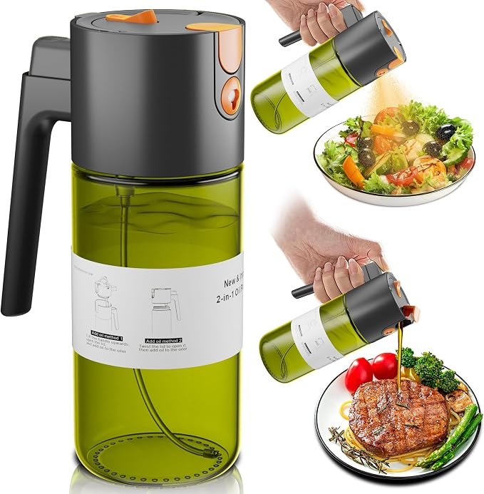 LAKUMIQI 2 in 1 Oil Sprayer for Cooking, 17oz Light-Blocking Glass Spray Bottle with Stickers, Oil Dispenser for Salad, Air Fryer & BBQ