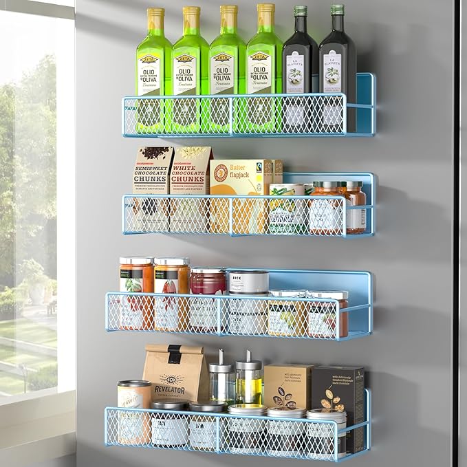 DTUQYX Magnetic Spice Rack for Refrigerator, 4 Pack 100% Metal Strong Magnet Fridge Shelves, Space Saving Spice Organizer, No Drilling Moveable Home Kitchen Laundry Room Storage Organization, Blue