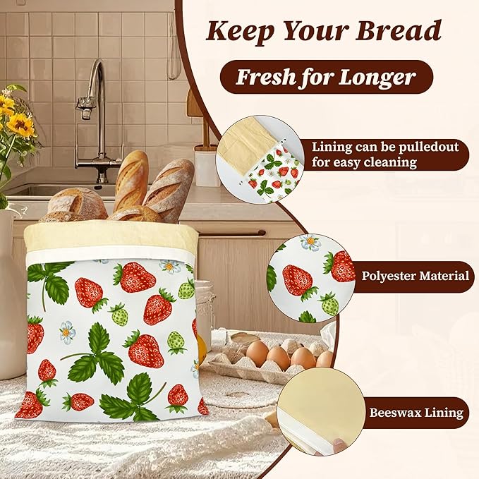 Bread Bags for Homemade Bread, Red Strawberries Leaves Flower 2 Pack Linen and Beeswax Sourdough Storage Bags, Reusable Keeper, Keeps Breads Fresh Longer, Gifts for Bakers